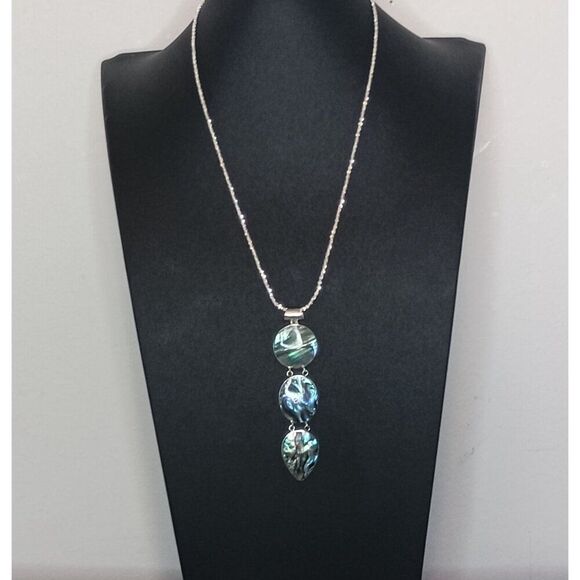 Abalone Shell Pendant Drop Necklace Triple Teardrop Circle Design Chain Sterling - Picture 2 of 8